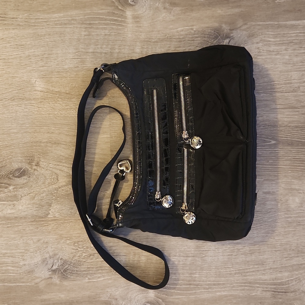Brighton Nylon Crossbody/Shoulder Bag, Black with Crocodile Trim